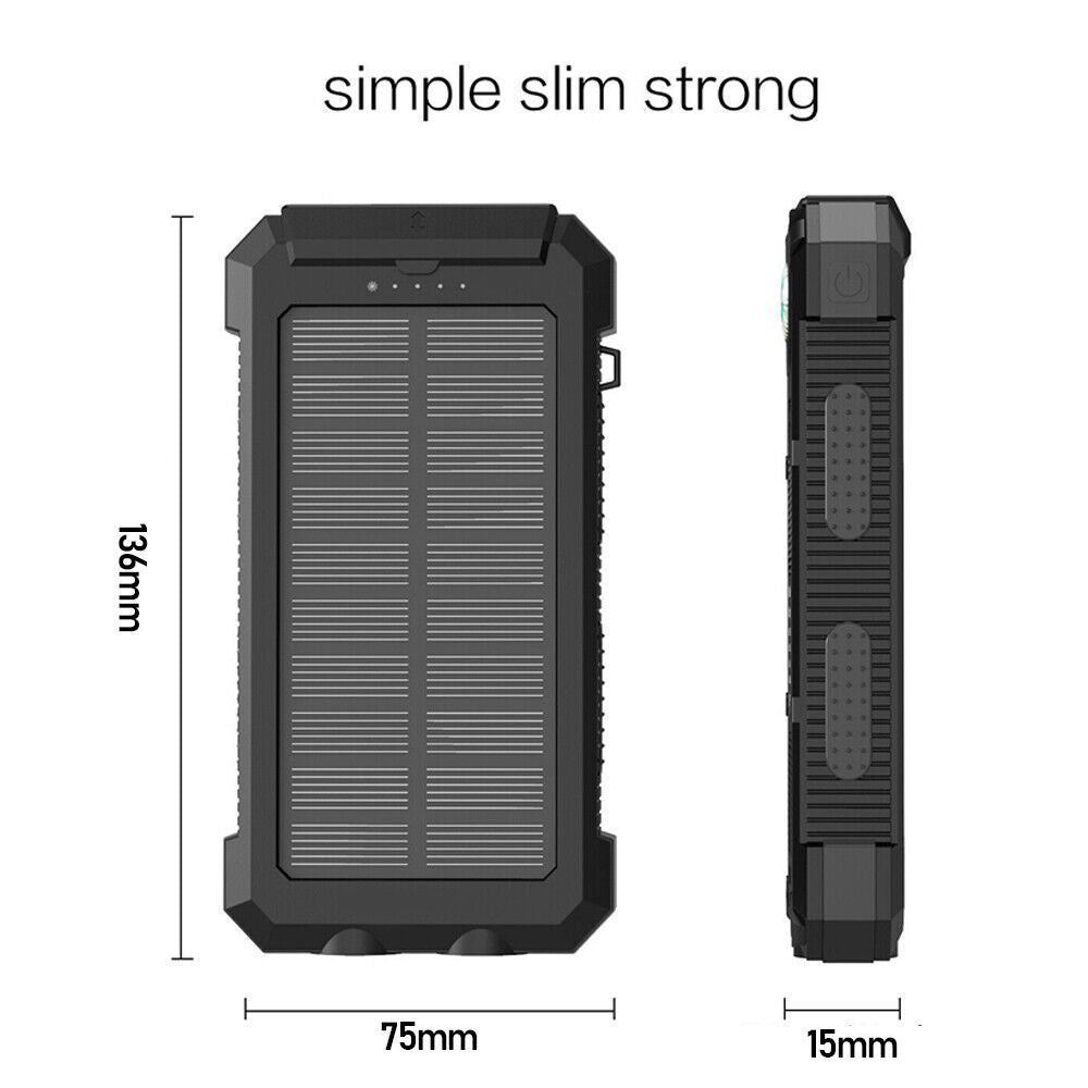 Banc pŵer solar newydd dal dŵr 2 USB LED gwefrydd batri ar gyfer ffôn symudol