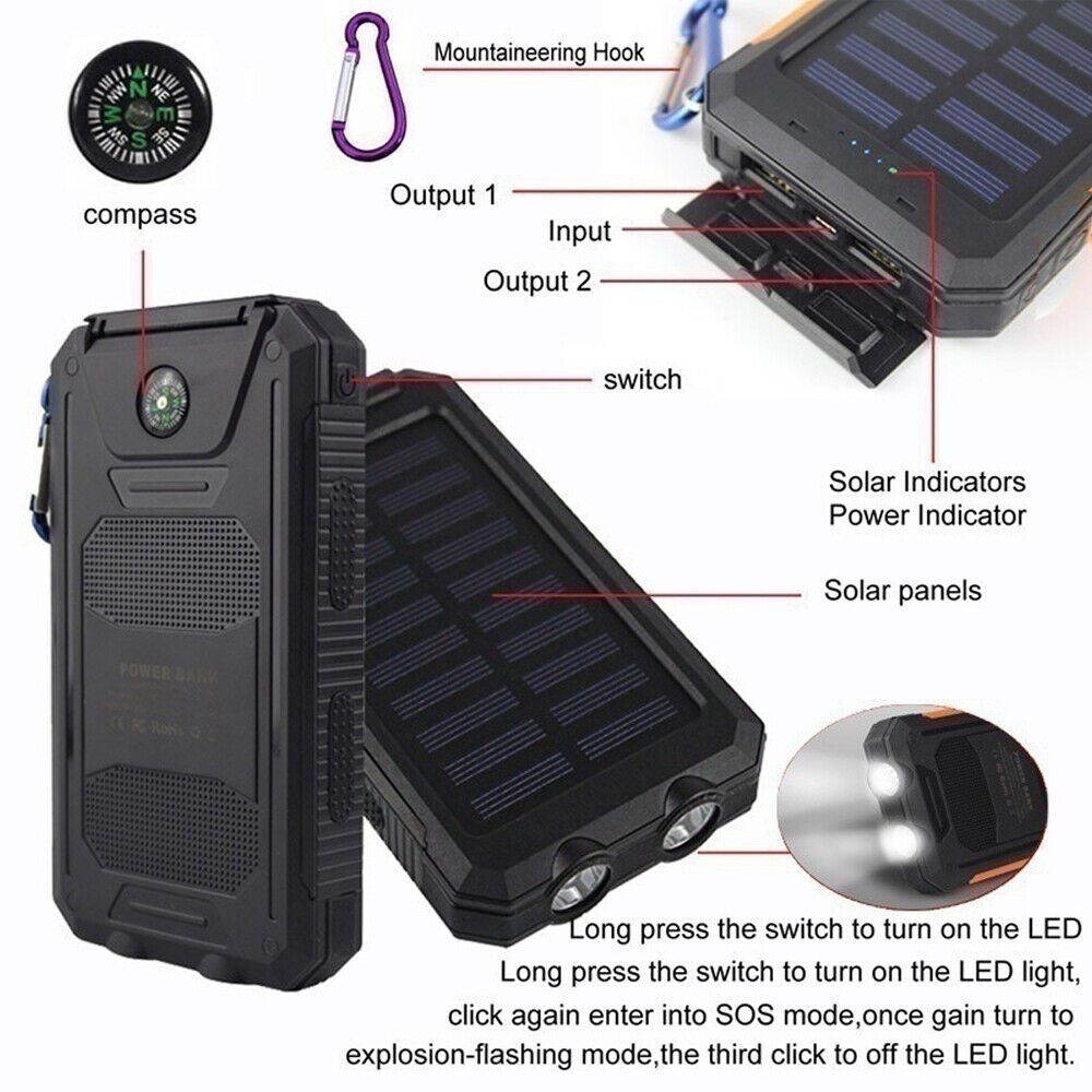 Banc pŵer solar newydd dal dŵr 2 USB LED gwefrydd batri ar gyfer ffôn symudol