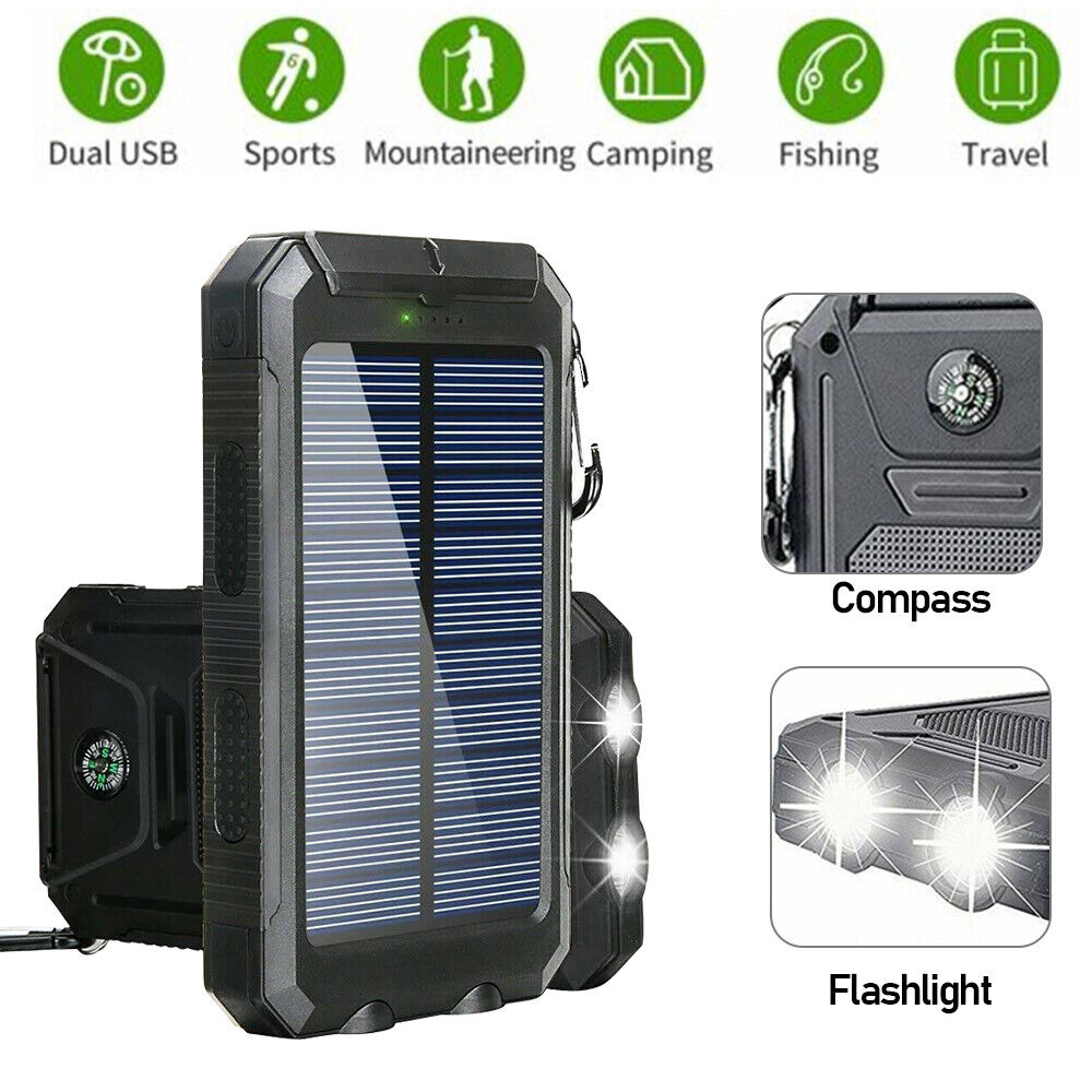 Banc pŵer solar newydd dal dŵr 2 USB LED gwefrydd batri ar gyfer ffôn symudol